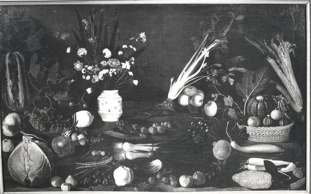 Anonimo — Maestro della natura morta di Hartford - sec. XVI - Natura morta con frutta, ortaggi e vaso di fiori — insieme